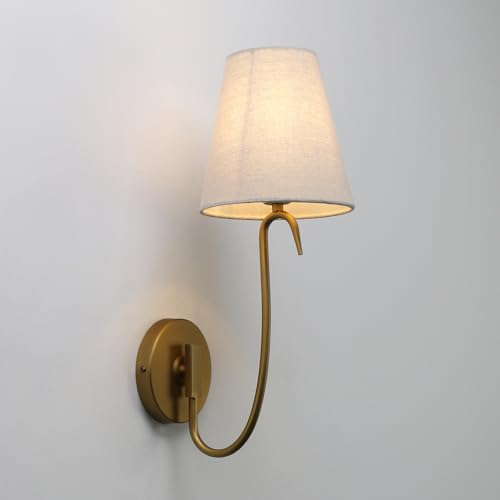 Image of Swan Neck Wall Sconce Fixture 1-Light with Linen Fabric Shade, Indoor Hardwired Rustic Boho Wall Light for Living Room Bedroom Bedside Nightstand Light
