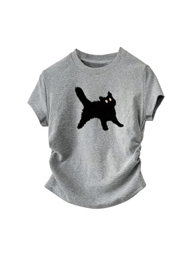 SweatyRocks Girl's Cute Cartoon Print Crewneck T Shirt Ruched Short Sleeve Summer Basic Tops