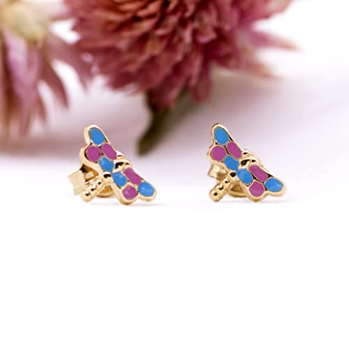 Boucles d'oreilles libellule or jaune 9 ct Carissima puces rose violet - 2