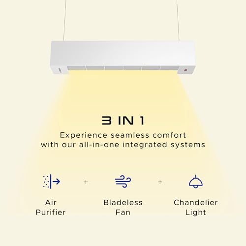 KARBAN Airzone Lite 3-In-1 Bladeless Ceiling Fan with Air Purifier & Light for Home & Office | CFD Technology Handcrafted Wooden Versatile Air Circulator Or Tower Fan (White, Warm White LED Light)