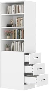 HAINEW Armario alto multiusos con 3 cajones y 4 estantes abiertos, estantería para salón, dormitorio, 60 x 38 x 180 cm, color blanco