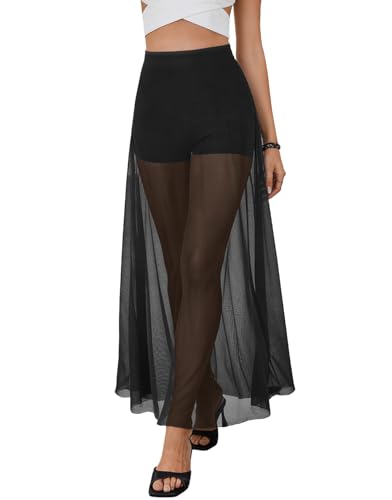 Women's Sheer Mesh Maxi Skirt High Waist A Line Built in Shorts Black
