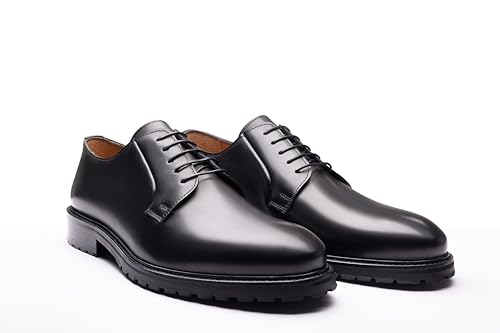 Image of Men's Black Plain Toe Derby Shoes - Classic Lace-Up Dress Shoes with Non-Slip Rubber Lug Sole - Professional Business & Office Footwear