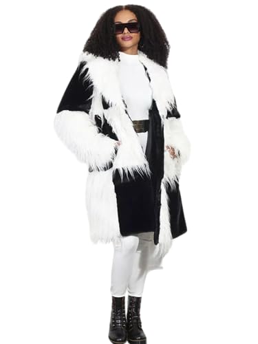 Image of Luxe Moda Coat Faux Fur Black and White Checkered Print Coat (US, Alpha, 1X, X-Large, Regular, Regular, 4, White/Black)