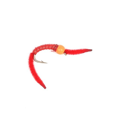 The Fly Fishing Place Trout Nymph Fly - San Juan Worm Power Bead 1/2 Dozen Orange Bead Red V-Rib Hook Size14 - Set of 6 Nymph Wet Flies