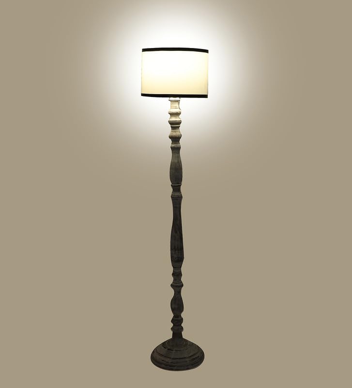 Image of tu casa Mango Wooden Floor Lamps with White Stripe Shade for Home Decor, Bedrooms Corner, Living Room, Gifting, Diwali Decoration, Hall, Office, Study Room (Height: - 56 inch) - Bulb not Included