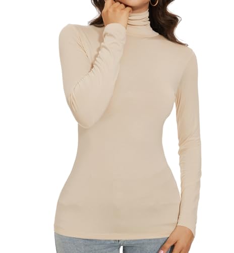 Beige Turtle Neck Tops for Women Long Sleeve Shirts Cream Fitted Thermal Scrub Undershirt Casual Basic Winter (BES)