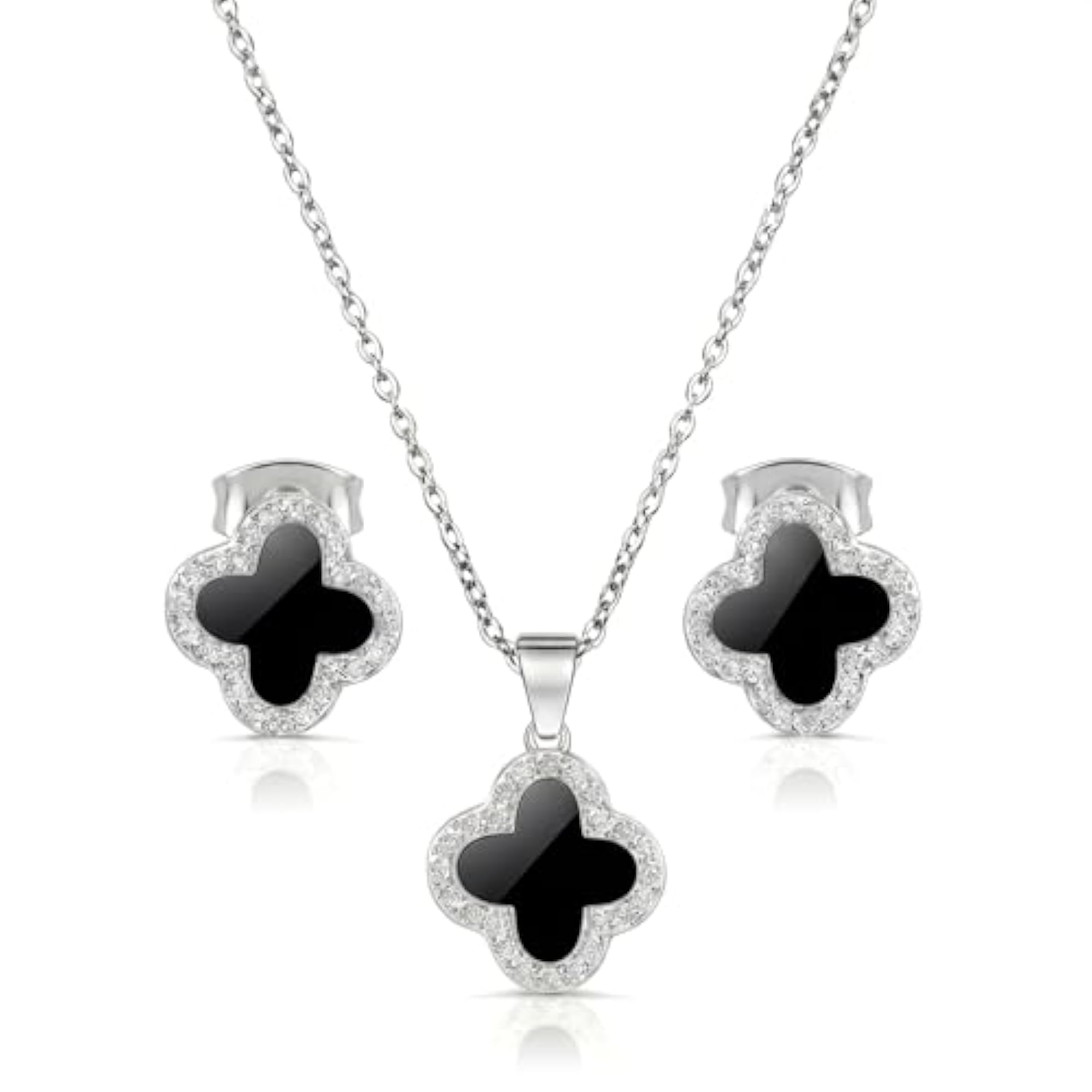 Women's Four Leaf Black Clover Necklace & Earring Set
