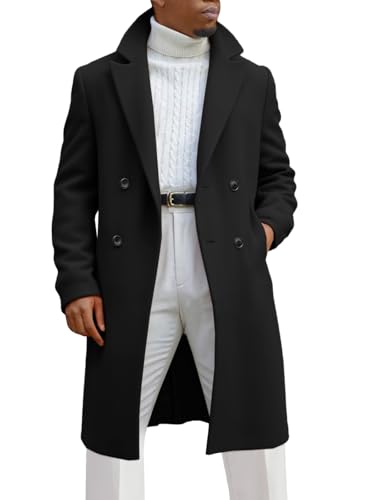 Runcati Mens Trench Coat Notched Lapel Double Breasted Mid Long Pea Coat Casual Fall Winter Classic Overcoat