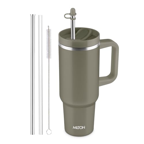 Image of MILTON Malmo 1200 Thermosteel Double Wall Vacuum Insulated Stainless Steel Water Tumbler with Handle 1100ml,Travel Mug with Straw,Silicon Cap,Cleaning Brush,Hot & Cold Beverage Flask,Olive Green