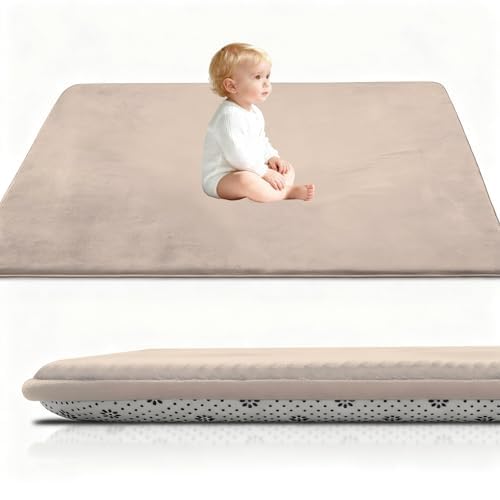 Murzoeky Coral Velvet Baby Play Mat, 3CM Thick Baby Crawling Mat Nursery Rug for Crawling & Playing 200 x 260 cm Beige for Bedroom with Non-slip Backing, Nursery Babies Mats for Floor Play