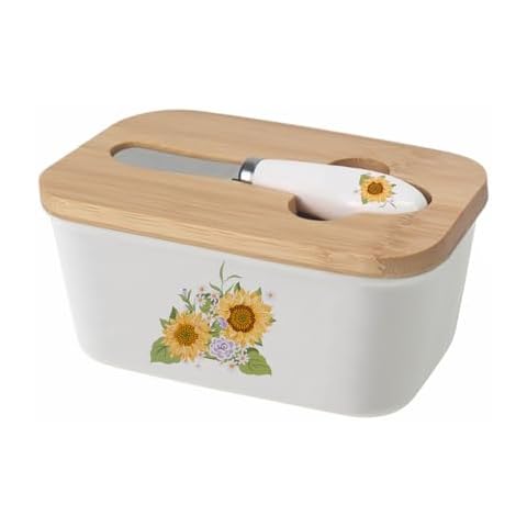 WAIT FLY Flower Ceramic Butter Dish with Bamboo Lid and Knife, 2 Sticks Butter Dish Butter Container Keeper for Kitchen Countertop, Home Decorative-Sunflower Cover