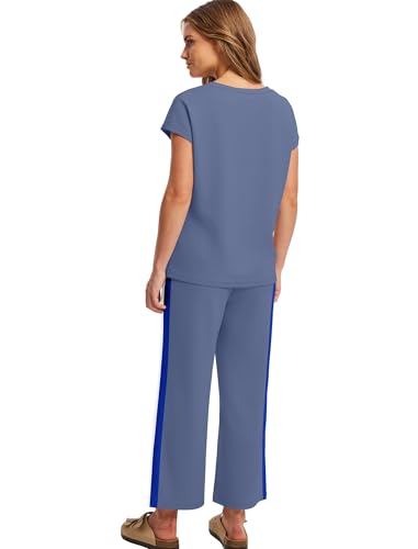 Image of Saloogoe Two Piece Sets for Women Summer Outfits Lounge Sets V Neck Tops Wide Leg Pants Woman Vacation Travel Outfits