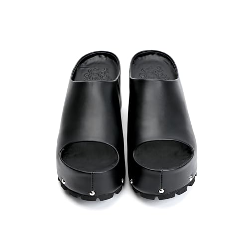 Image of XOBZJH Long-Hair Calfskin Chunky Clog Slide for Women - Memory Foam Luxury Slip on Shoes Women's Mules & Platform Clogs,Designer Mules for Women 2025