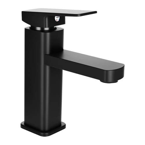 YYTECH Grifo de baño, grifo de lavabo, color negro, mezclador de lavabo caliente y frío, grifo monomando negro mate, grifo de baño para baño, fregadero de acero inoxidable, latón