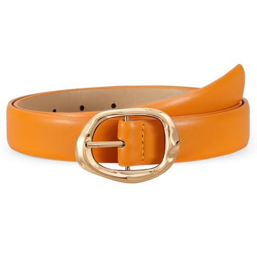 Women Orange Leather Belt for Jeans Pants Ladies Casual Waist Belt Fashion Women Belt with Gold Buckle