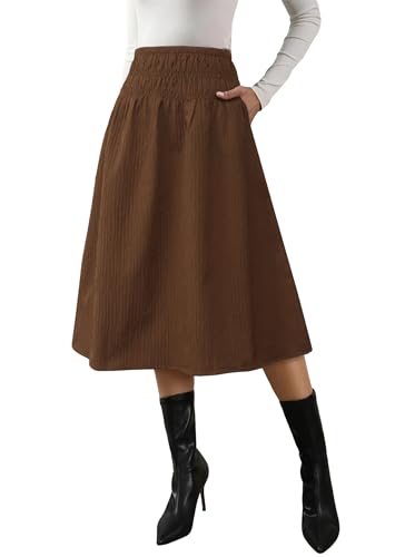 Womens Knee Length Trendy Smocking High Waist Skirts Stripe Texture Pleated Fall Winter Skirt with Pockets - Main Image