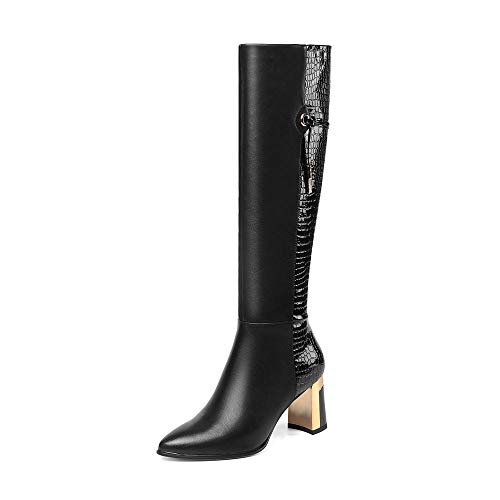 Tinacus Women's Genuine Leather Handmade Pointed Toe Side Zip Mid Chunky Heel Knee High Boots(Black, Us6) #TOP16