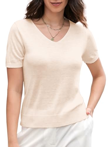 SANGTREE Womens Short Sleeve Sweaters V Neck Knit Tops Casual Soft Pullover Sweaters2