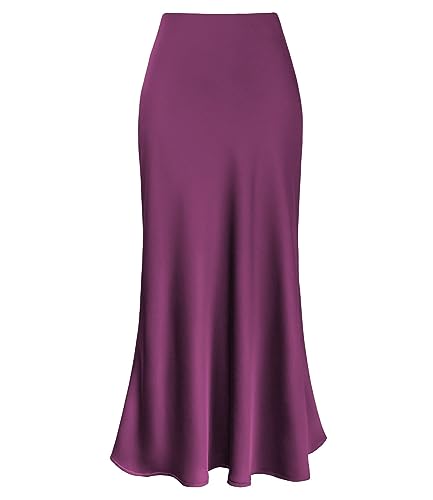 Image of Outoshe Women's Satin High Waisted Maxi Skirts Hidden Elasticized Waistband A Line Long Skirt, Zip Purple, M