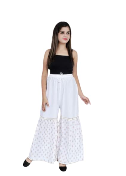 AashiWomen's Regular Fit Sharara Palazzo| Cotton Flared Palazzo Pants for Women| Women's and Girls Cotton Regular Fit Palazzo Pants (Large, White)