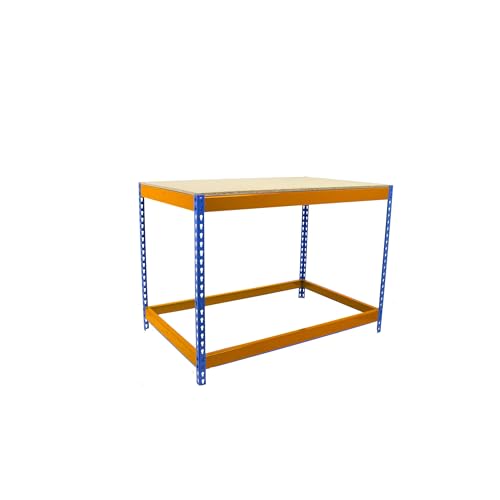 Simon Rack Banco de Trabajo Taller, Mesa de Trabajo Taller, Carga Máxima 400 kg, 900x1500x600 mm, Bricolaje, Azul/Naranja/Madera - BT-Basic