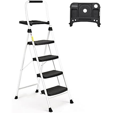 HBTower 4 Step Ladder, Folding Step Stool with Wide Anti-Slip Pedal, 150kgs Sturdy Steel Ladder, Convenient Handgrip, Lightweight, Portable Steel Step Stool, White Cover