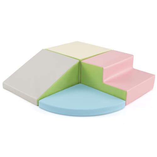 COSTWAY 4 Pieces Climb and Crawl Foam Play Set, Educational Software Activity Toys, Baby Soft Climbing Blocks for Toddlers, Preschoolers (Pink+Blue)