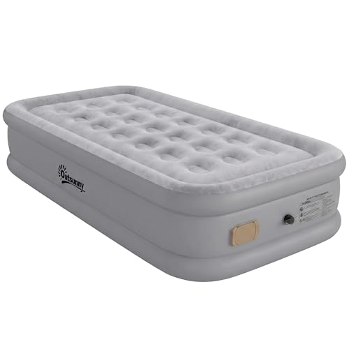 Outsunny Colchón Hinchable Individual 190x97x39 cm con Bomba Integrada, Inflado 3 Min Desinflado 2 Min, Colchón Inflable Plegable Impermeable, Bolsa Transporte, Superficie Flocado, Carga 200 kg, Gris