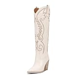 ISNOM Cowboy Boots for Women Knee High White Cowgirl Boots Western Boots Womens