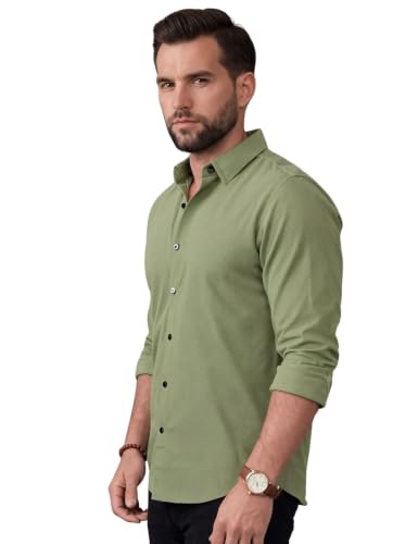 Image of NexaFlair Men's Regular Fit Solid Pattern Laffer Cotton Shirt with Long Sleeve Collared Neck Standard Length and Button Down Closure Type | Mens Casual Shirts | Man's Formal Shirts