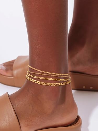 Image of FOCALOOK Anklet Bracelets Set for Women, 14K Gold Plated Waterproof Cuban Link Chain Layered Anklets Set for Plus Size Ankle 8-10.5 Inch Adjustable Summer Beach Jewelry Gift
