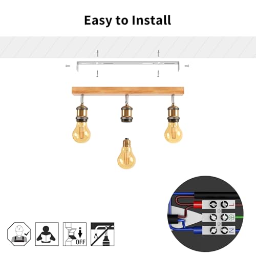 LVWIT Retro Ceiling Light Fitting,3 Way Wood Kitchen Ceiling Lights,Bedroom Lights Ceilings E27,Adjustable Golden Ceiling Light,Spotlight Bar Lighting,Living Room Lighting (NO Bulbs) - Image 5