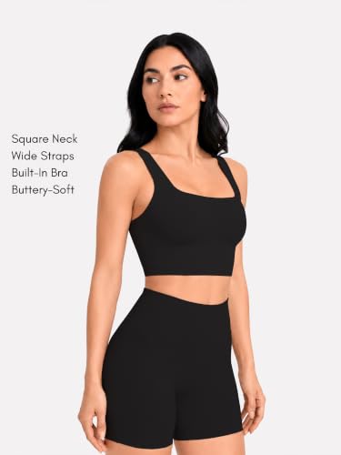 Image of Sunzel Square Neck Longline Sports Bra, Built-in Bra Crop Tank Top Black
