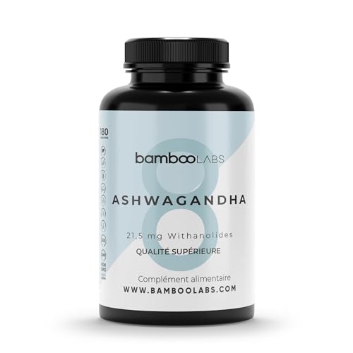Bamboo Labs - Ashwagandha avec Extrait Sec de Withania Somnifera, Favorise l'Apparition du Sommeil, le Bien-être Intellectuel et Physique, 180 Gélules d'Aswaghanda Pendant 6 Mois.