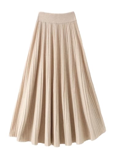 Women Fall Winter Knitted 100% Wool Skirt High Waist Pleated Long Skirts Beige M