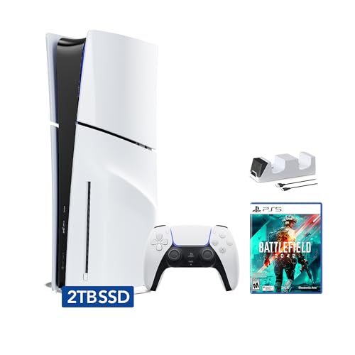 PlayStation 5 Slim Disc 2TB SSD Edition Bundle with Battlefield 2042 and C-Gamers Dual-Controller Charger – PS5, White [video game] [video game] [video game] [video game]