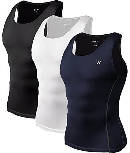 Runhit Men's Compression Tank Tops (3 Pack), Sleeveless Compression Shirts for Men Workout Undershirt T-Shirts (Black,White,Blue, L)