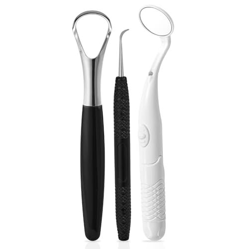Image of Oral Care Dental Cleaning Kit, Dental Mirror with Light, Explorer Pick, and Tongue Scraper Quality Stainless Steel Dental Tools, Easy-Grip Handle (white mirror)