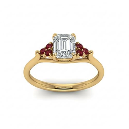 Image of Choose Your Gemstone Emerald Cut Petite Cathedral Diamond CZ Ring Yellow Gold Plated Emerald Shape Petite Engagement Rings for Women, Girls and Ladies US Size 4 to 12