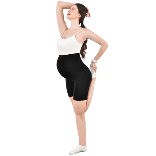 Walifrey Women's Maternity Shorts with Pockets Over the Belly,Pregnancy Yoga Pants Activewear Biker Shorts Casual Black S — view 6