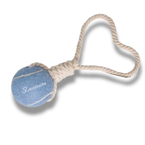 Wauzebacke Hundespielzeug, Tennisball mit Seil 32cm in verschiedenen Pastellfarben, interaktives Wurf- und Zerrspielzeug, Zahnpflege, langlebig (Hellblau)