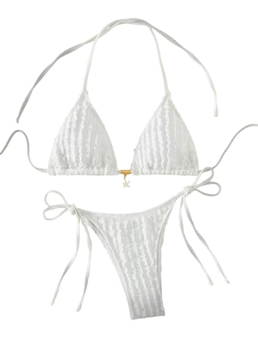 GORGLITTER Women's High Cut Thong Bikini Set Textured Halter Triangle String Cute Cheeky 2025 Swimsuit Bathing Suit