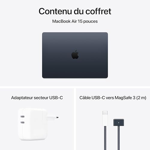 Apple MacBook Air 15 Pouces Ordinateur Portable avec Puce M4 : Conçu pour Apple Intelligence, Écran Liquid Retina de 15,3 Pouces, Mémoire unifiée de 16 Go, Stockage SSD de 256 Go, Touch ID ; Minuit
