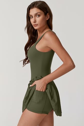 Image of QINSEN Womens Square Neck Tennis Dress Pleated Sleeveless Built in Shorts Golf Athletic Dress with Pockets