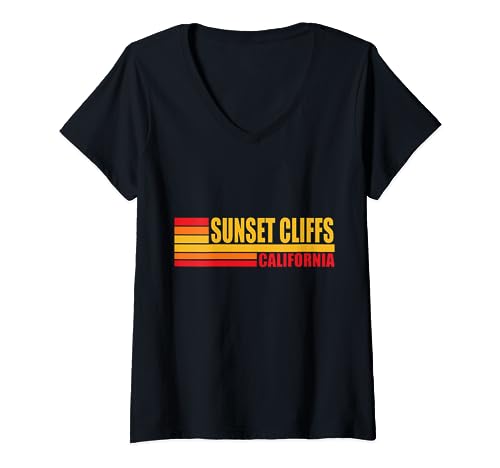 Retro Vintage Sunset Cliffs California CA Beach Cave Ocean V-Neck T-Shirt