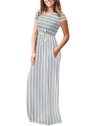 Image of MISFAY Women's Short Sleeve Maxi Dresses Long Casual Dresses with Pockets | Empire Elastic Waist, Crew Neck, Floor Length, Strentchy Flowy A Line Fit, Loose Plain Summer Outfits, Vacation Wear