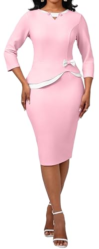 Oxgmoky Women Church Dress Work Business Bodycon 3/4 Sleeve Round Neck Pencil Dresses3