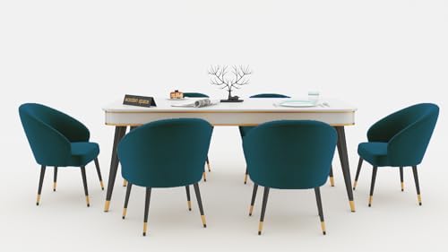 Image of WOODEN SPACE 6-Seater Wooden Dining Table Set | Nano Composite Marble Top | Solid Wood Base | Modern Dining Room Furniture with 6 Chairs (Sea Green)