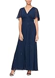 S.L. Fashions Women's Long V-Neck Flutter Sleeve A-Line Dress, Navy, 18